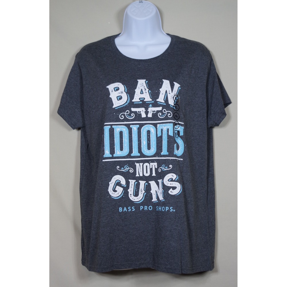 NEW Bass Pro Shops Woman's XL Graphic Tee Ban Idiots Not Guns Charcoal Heather